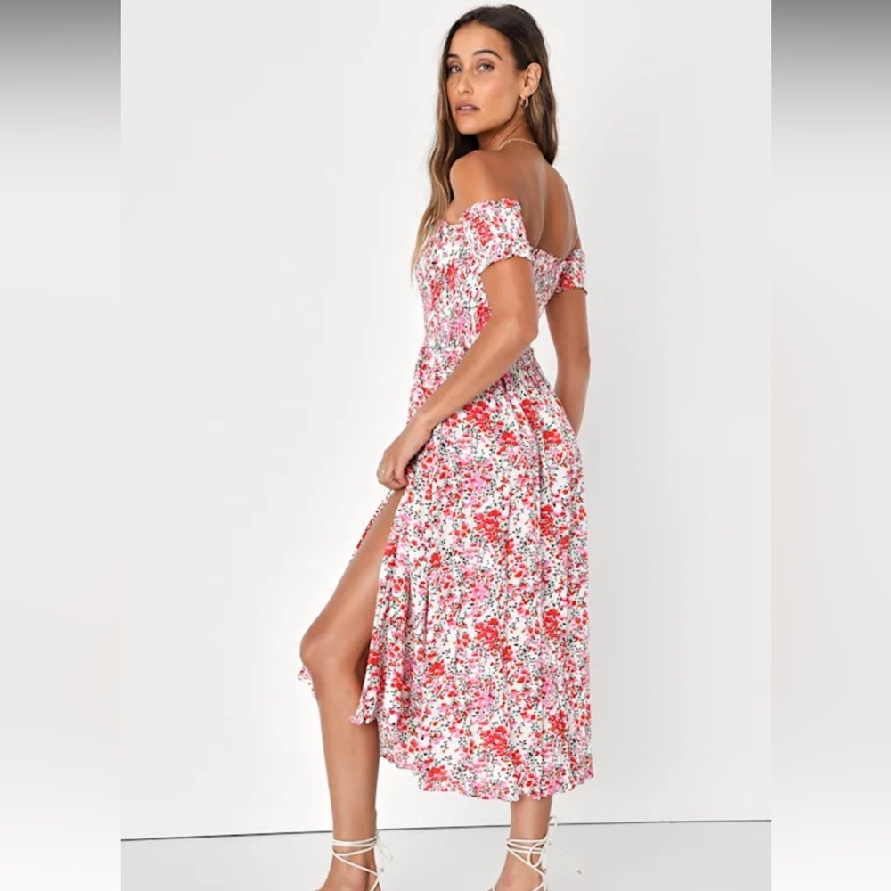 Lulus Off the Shoulder Floral Midi Dress Smocked Bodice - Size M - NWT - Picture 2 of 8